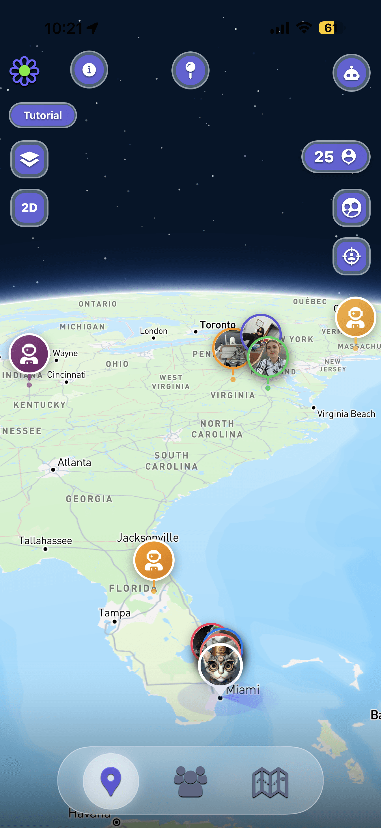 FindTribe map showing friends around the city in everyday life
