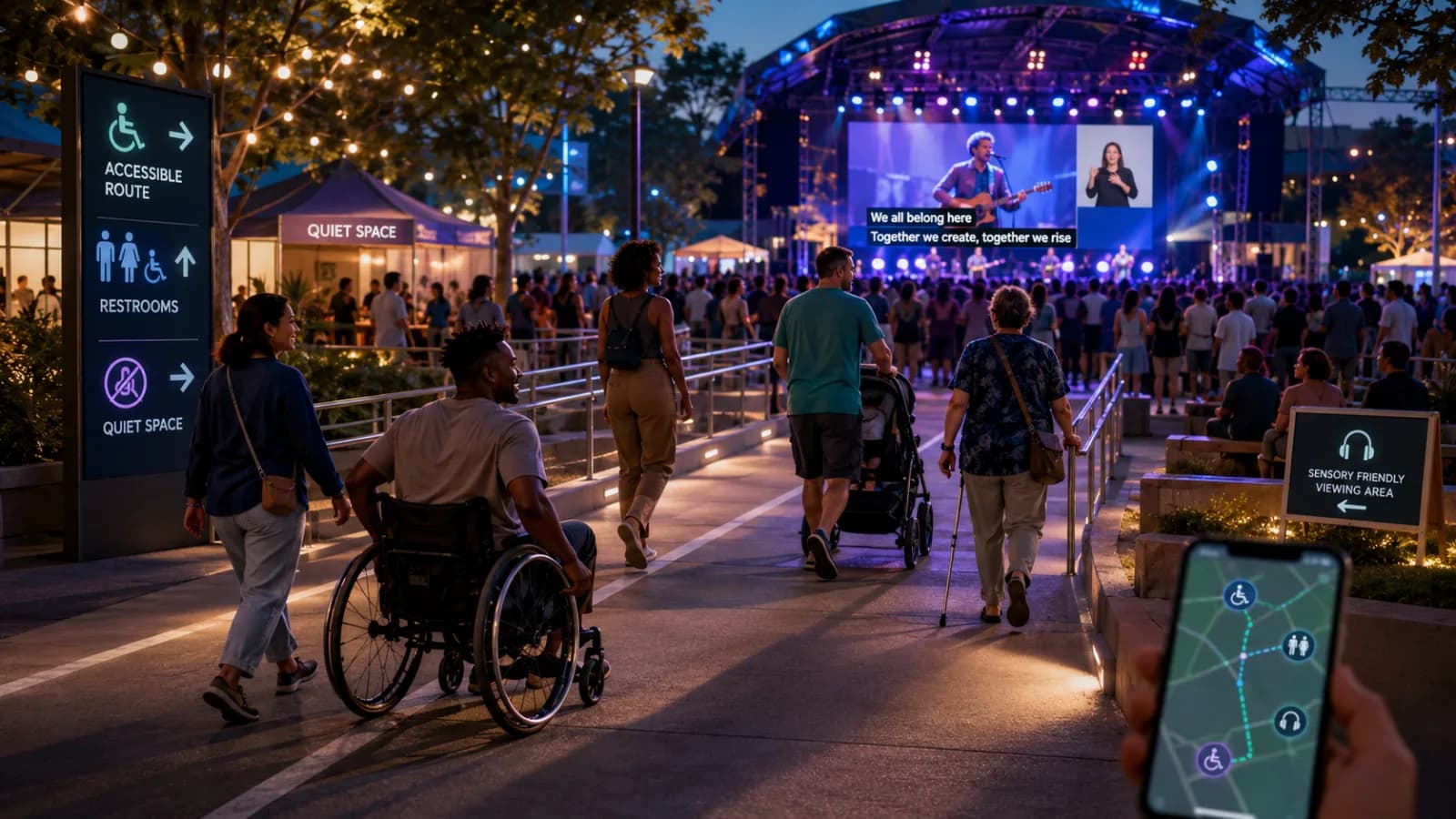 An evening festival built for everyone: a wheelchair user rolls up a lit ramp beside friends and a parent with a stroller, wayfinding signs point to the accessible route and quiet space, the stage shows live captions and a sign-language interpreter, and a phone map marks accessible amenities.