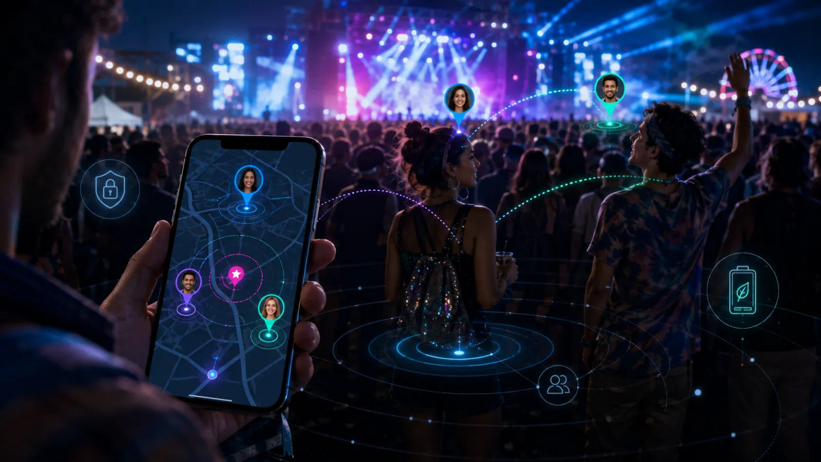 A hand holds a phone showing friends as glowing avatar pins on a live map while the same friends stand ringed by radar circles in the festival crowd ahead — privacy-lock and battery icons floating beside them.