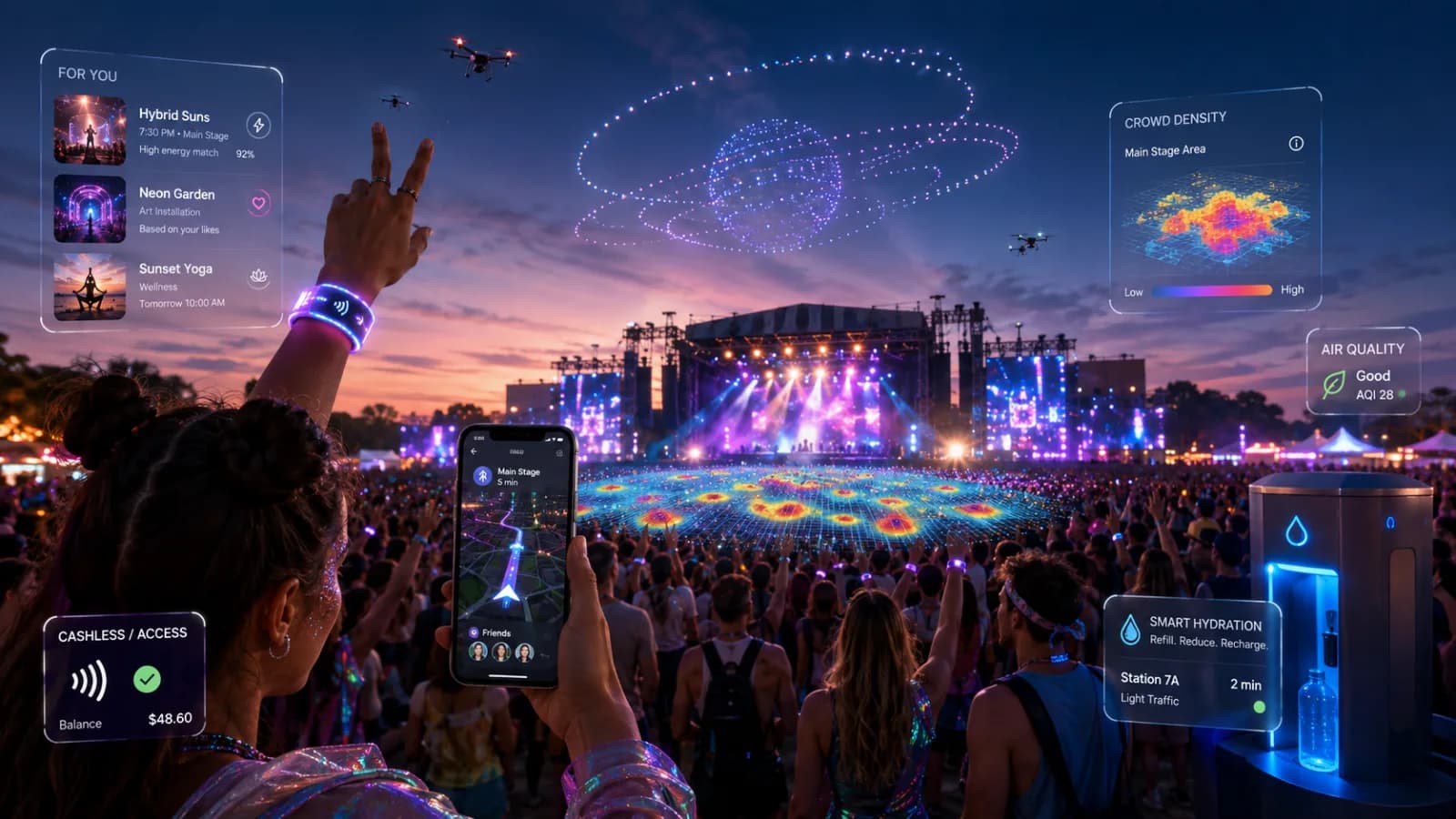 A festivalgoer with an LED wristband raises a phone showing turn-by-turn directions to the main stage, as a drone light show spins overhead and holographic panels float over the dusk crowd — AI picks, crowd density, air quality, cashless balance and a smart hydration station.
