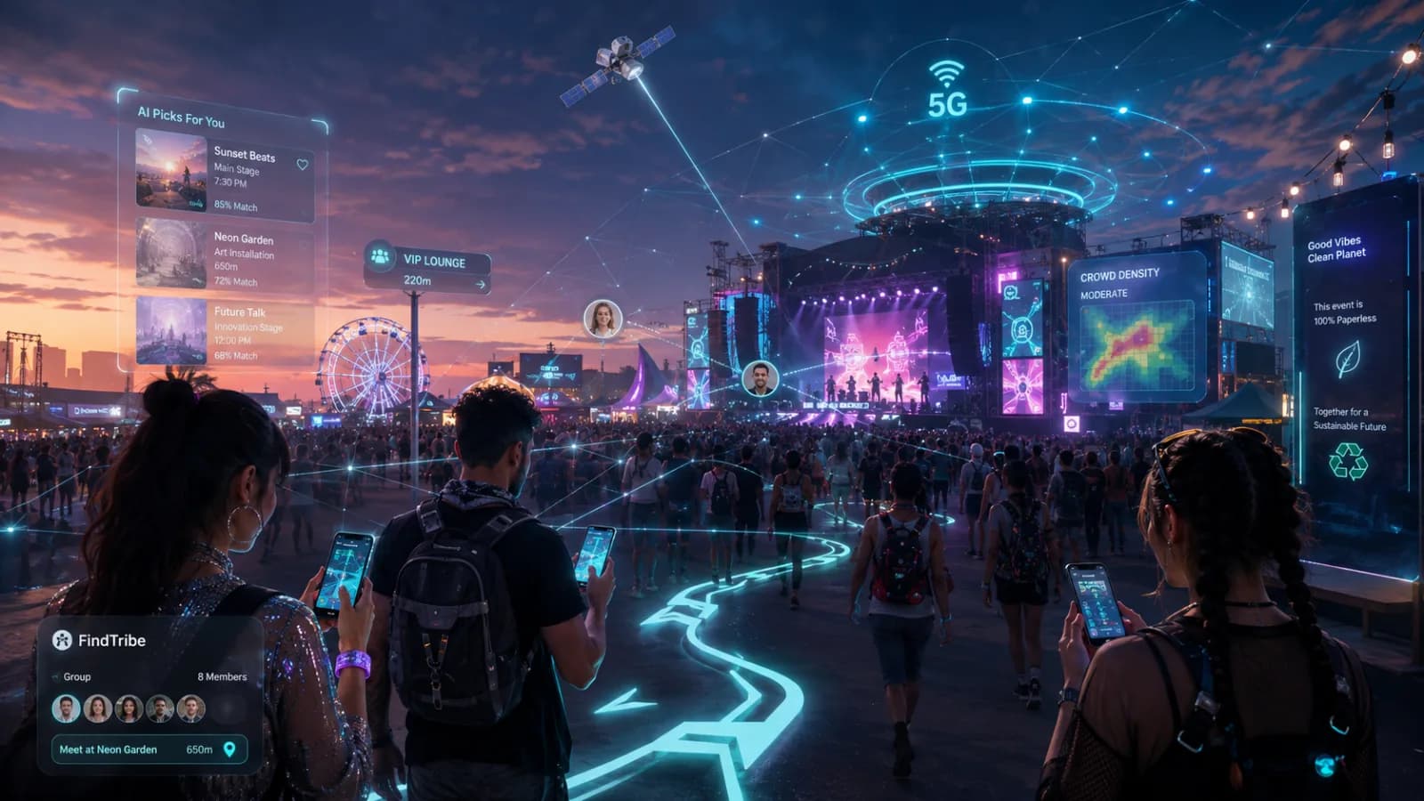 A futuristic festival at dusk laced with holographic tech — AI schedule picks, a glowing route on the ground, crowd-density and sustainability screens, satellite and 5G links over the stage — while friends follow a FindTribe group card reading “Meet at Neon Garden.”