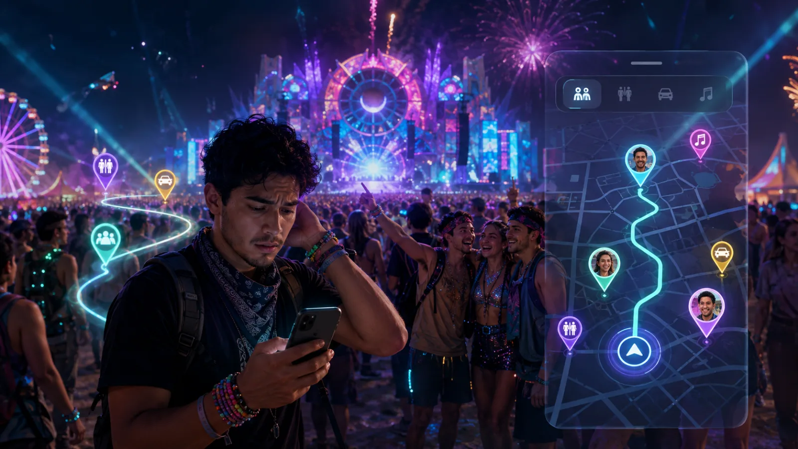 A festivalgoer checks his phone in a neon-lit crowd, lost while his friends celebrate behind him — beside a glowing FindTribe map tracing a route through friend, restroom and car pins.