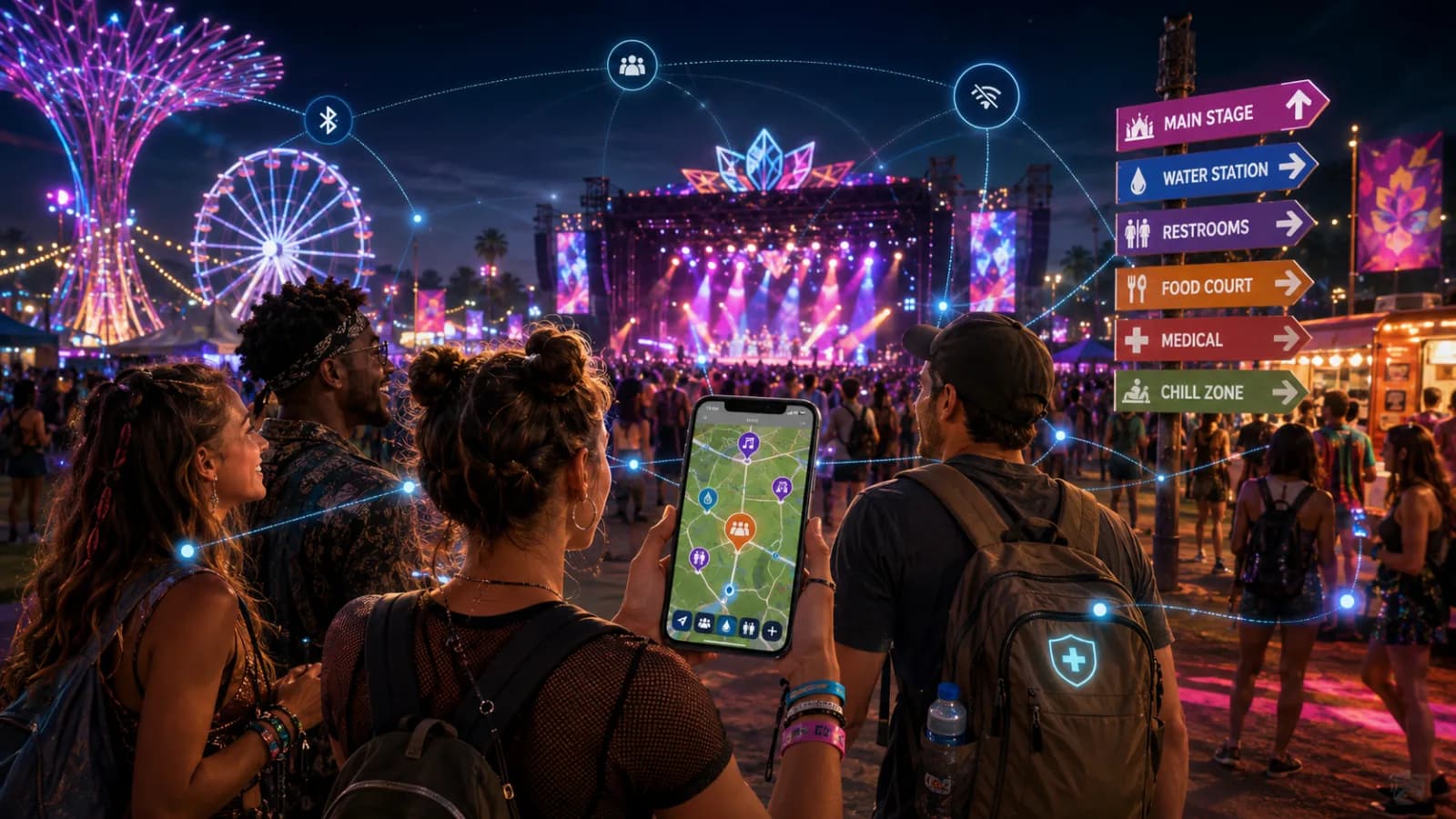 Friends in a night festival crowd check a glowing FindTribe map with friend and amenity pins, linked phone to phone by blue mesh lines, beside signposts for the main stage, water station, restrooms, food court, medical and chill zone.