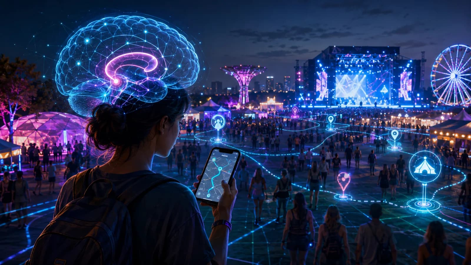 A woman consults a glowing route on her phone above a night festival crowd, a luminous network-of-neurons brain with a highlighted hippocampus floating over her head, while lit paths and amenity markers wind across the grounds toward the stage.