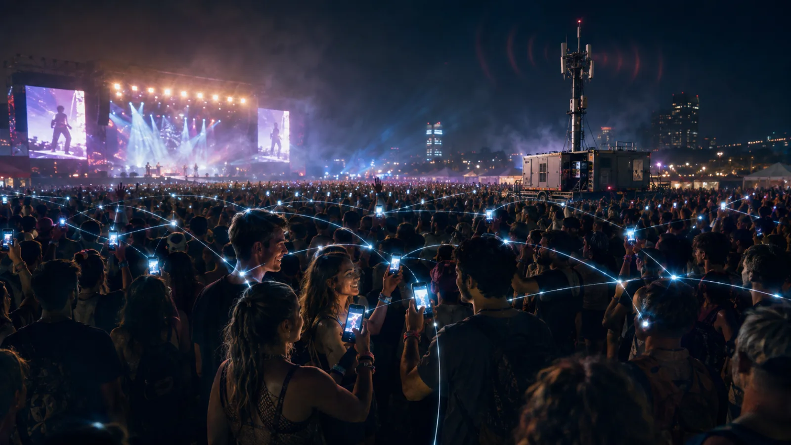 A festival crowd at night holds up glowing phones connected by local Bluetooth relay paths beside an overloaded cell tower.