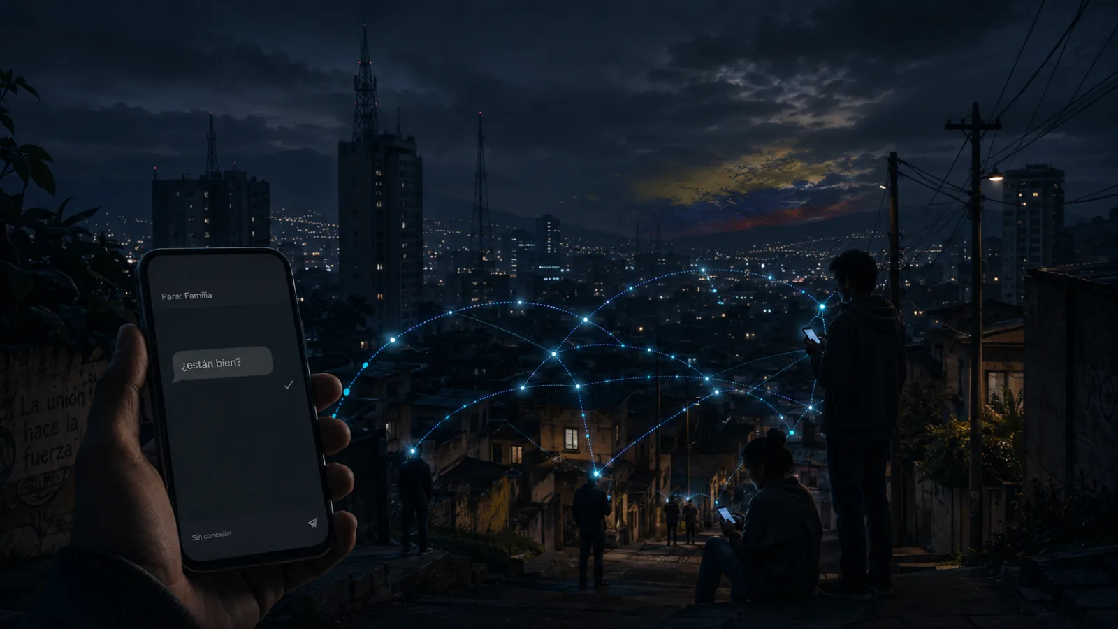 A hand holds a phone with an unsent “¿están bien?” message to family, above a dark, powerless city at night where glowing blue lines link phones to phones across the blackout.