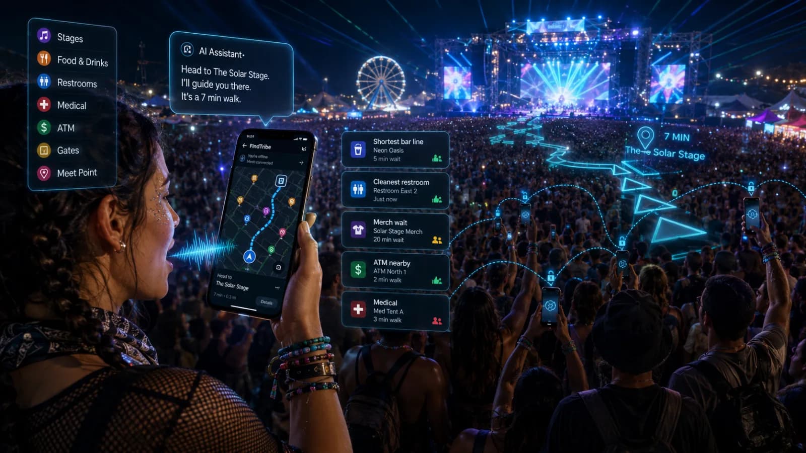 A festivalgoer speaks to her phone in a night crowd and the FindTribe assistant answers — “Head to The Solar Stage, it's a 7 min walk” — beside crowd-reported cards for the shortest bar line, cleanest restroom, merch wait, ATM and medical tent.