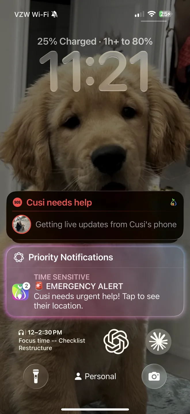 A friend's lock screen during a FindTribe SOS — “Cusi needs help”, with a time-sensitive emergency alert to tap for their live location