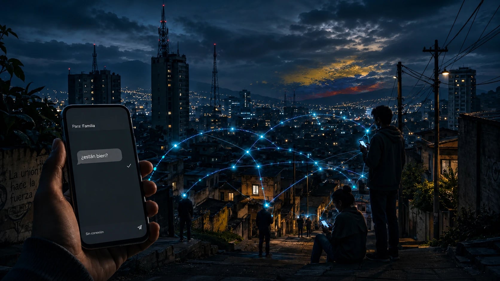 Illustration of an unsent message to family moving through a phone-to-phone network across a Colombian city at night