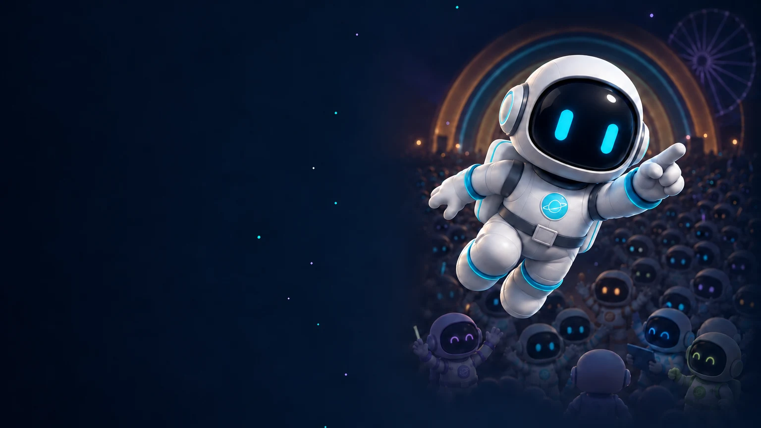 A cyan FindTribe astronaut mascot leading a festival crowd of friends